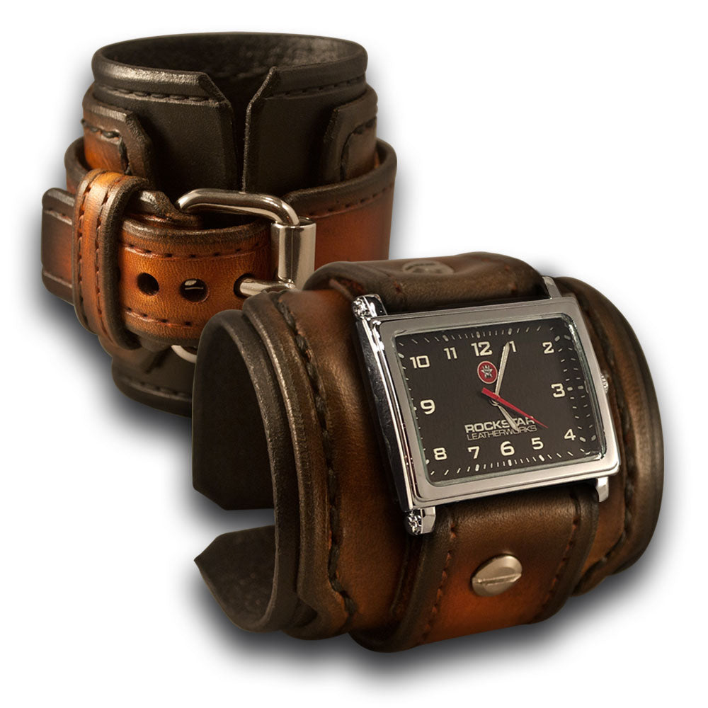 Black &amp; Tan Stressed Layered Leather Cuff Watch with Stitching-Leather Cuff Watches-Rockstar Leatherworks™