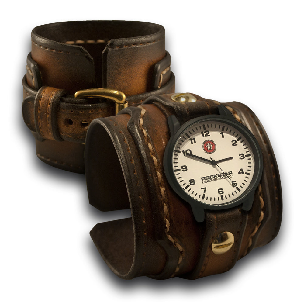 Brown Stressed Layered Leather Cuff Watch with Stitching-Leather Cuff Watches-Rockstar Leatherworks™