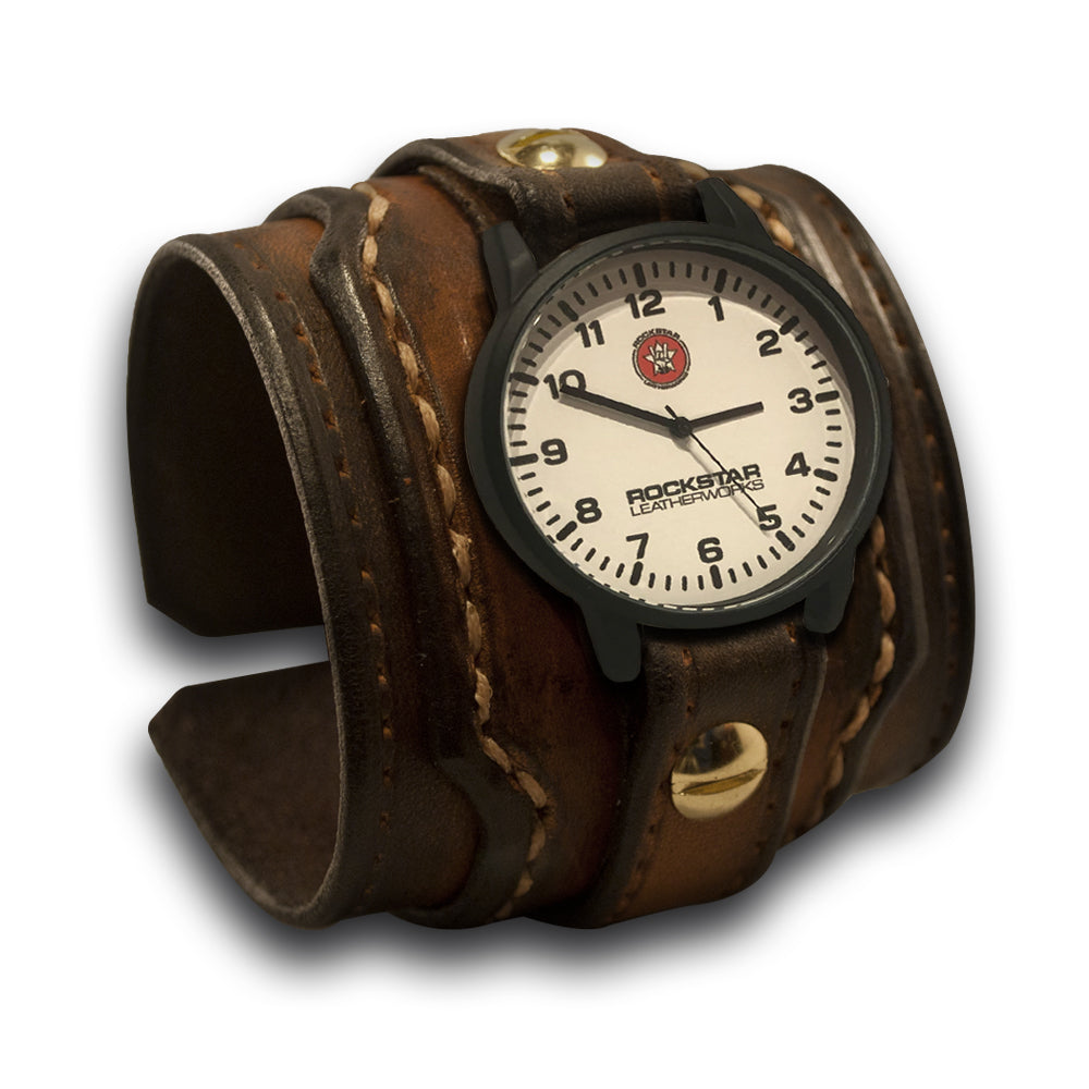 Brown Stressed Layered Leather Cuff Watch with Stitching-Leather Cuff Watches-Rockstar Leatherworks™