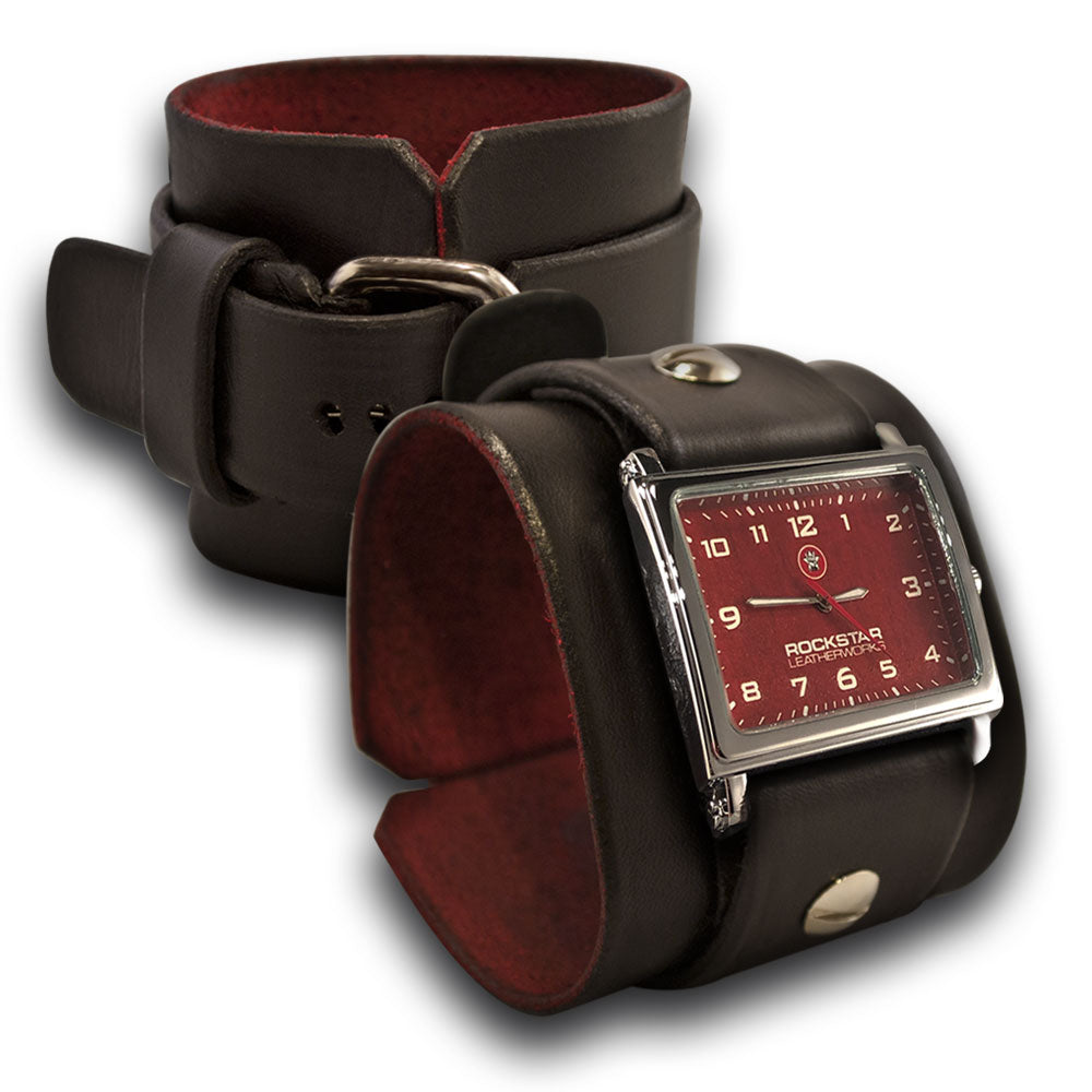 Wide Black Leather Cuff Watch with Stainless Buckle-Leather Cuff Watches-Rockstar Leatherworks™