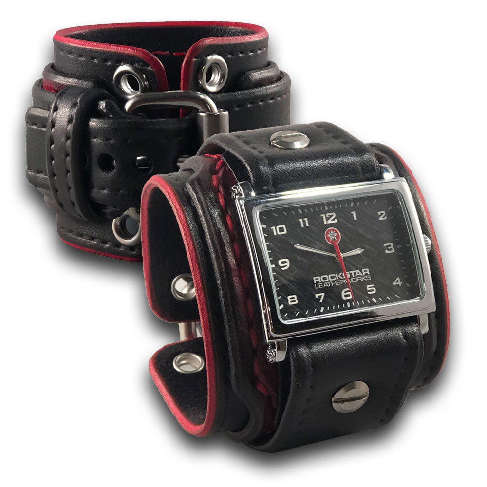 Black &amp; Red Layered Wide Leather Cuff Watch with Eyelets-Leather Cuff Watches-Rockstar Leatherworks™