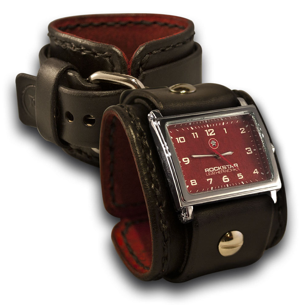 Black Leather Cuff Watch with Red Watch Face &amp; Black Stitching-Leather Cuff Watches-Rockstar Leatherworks™