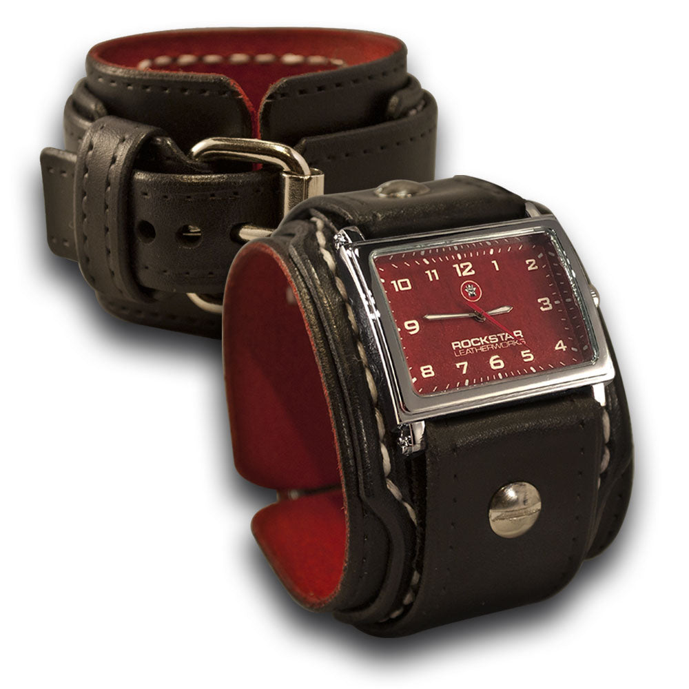 Layered Leather Cuff Watch with Stitching &amp; Buckle-Leather Cuff Watches-Rockstar Leatherworks™