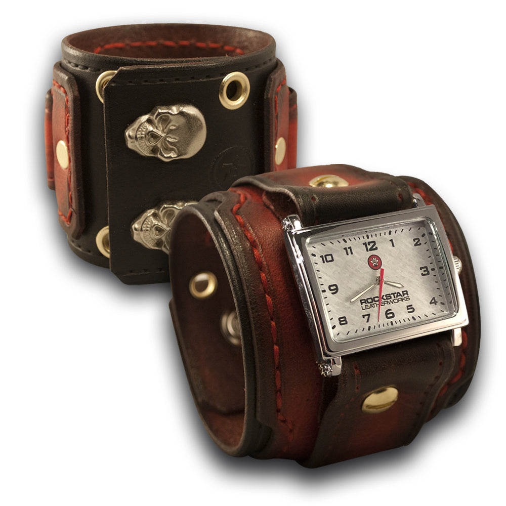 Red &amp; Black Layered Leather Cuff Watch with Skull Snaps &amp; Eyelets-Leather Cuff Watches-Rockstar Leatherworks™