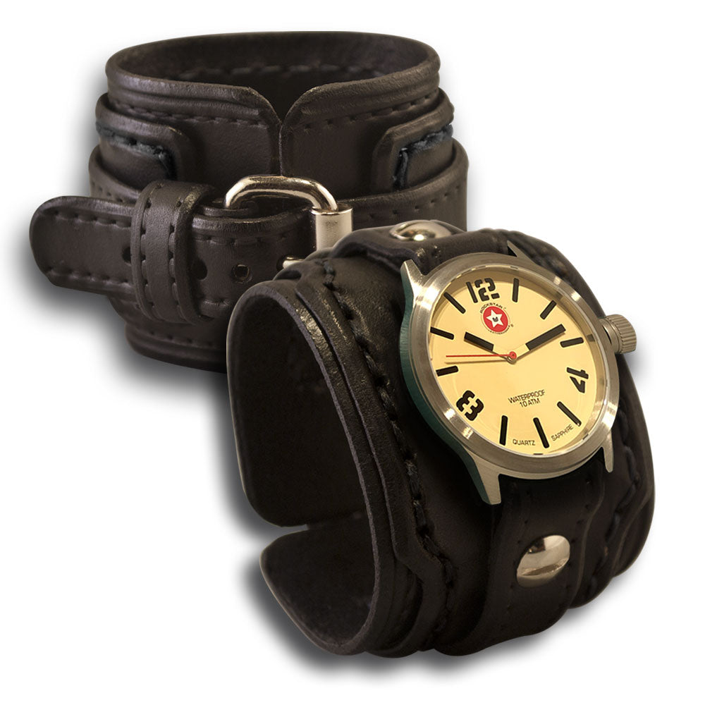 Black Layered Leather Cuff Watch with Stitching &amp; Buckle-Leather Cuff Watches-Rockstar Leatherworks™