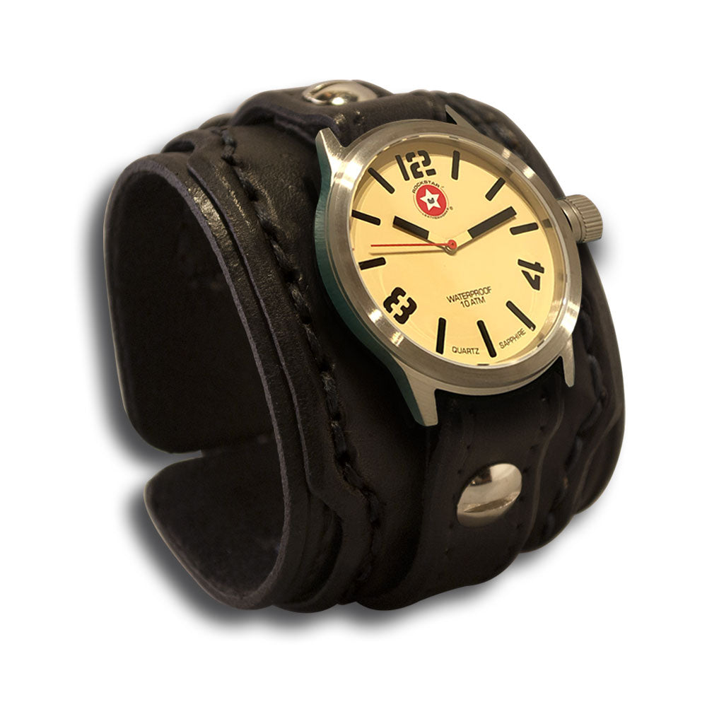 Black Layered Leather Cuff Watch with Stitching & Buckle-Leather Cuff Watches-Rockstar Leatherworks™