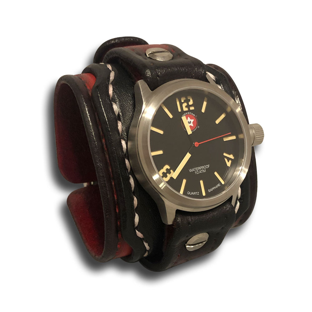 Black & Red 42mm Layered Leather Cuff Watch-Leather Cuff Watches-Rockstar Leatherworks™