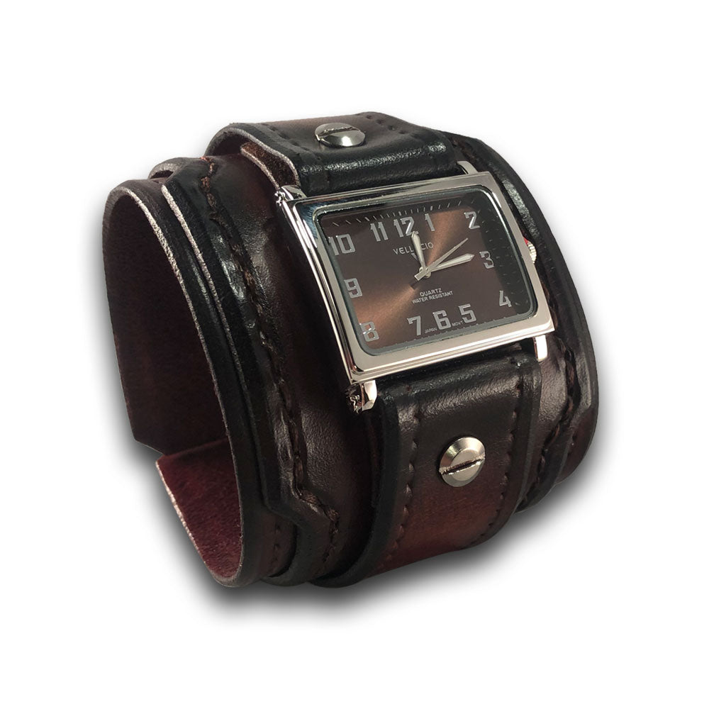 Bordeaux and Tan Wide Layered Leather Cuff Watch with Stitching-Leather Cuff Watches-Rockstar Leatherworks™