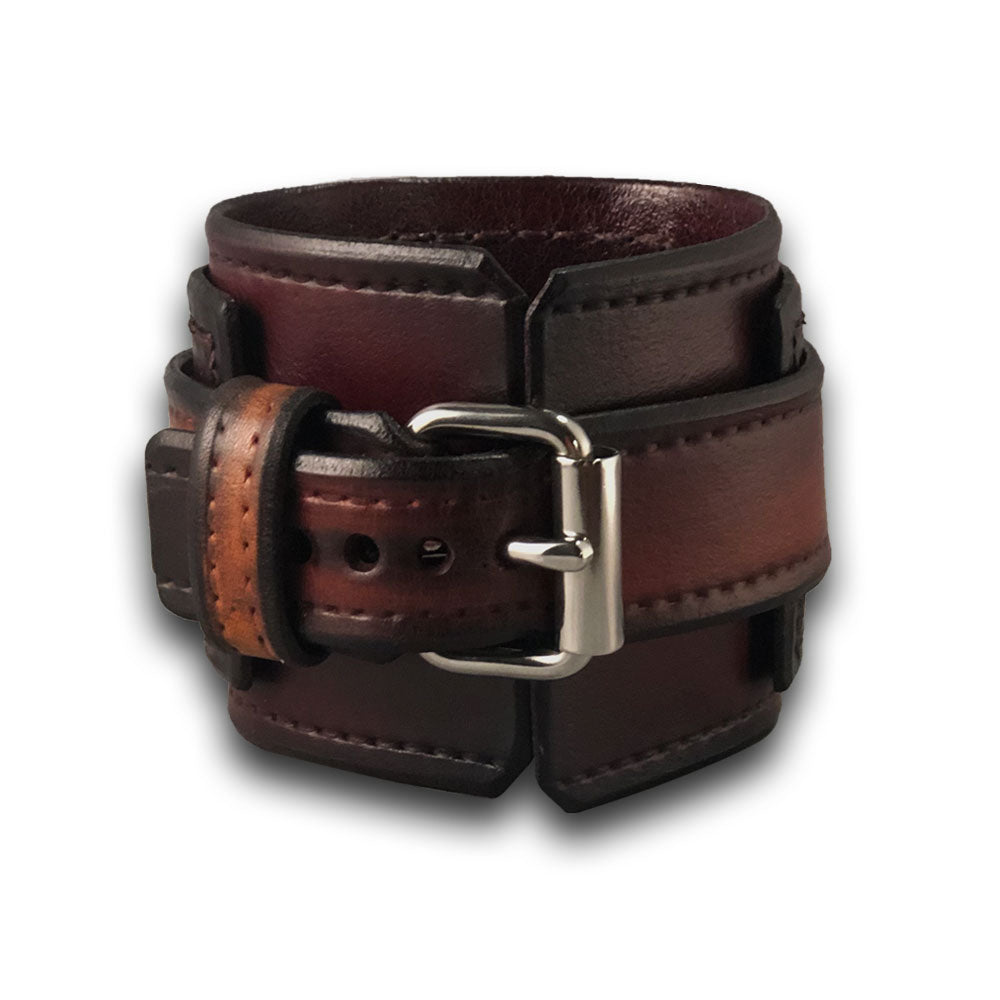 Bordeaux and Tan Wide Layered Leather Cuff Watch with Stitching-Leather Cuff Watches-Rockstar Leatherworks™