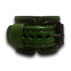 Green Leather Cuff Watch Band with Stitching and Black Buckle-Custom Handmade Leather Watch Bands-Rockstar Leatherworks™