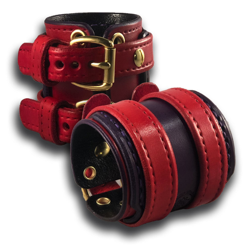 Red &amp; Purple Leather Double Strap Layered Wristband with Double Buckles-Leather Cuffs &amp; Wristbands-Rockstar Leatherworks™