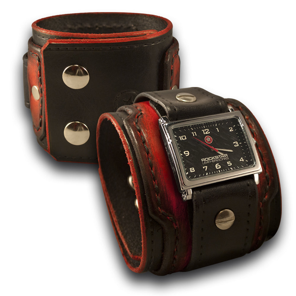 Black &amp; Scarlet Layered Leather Cuff Watch with Snaps-Leather Cuff Watches-Rockstar Leatherworks™