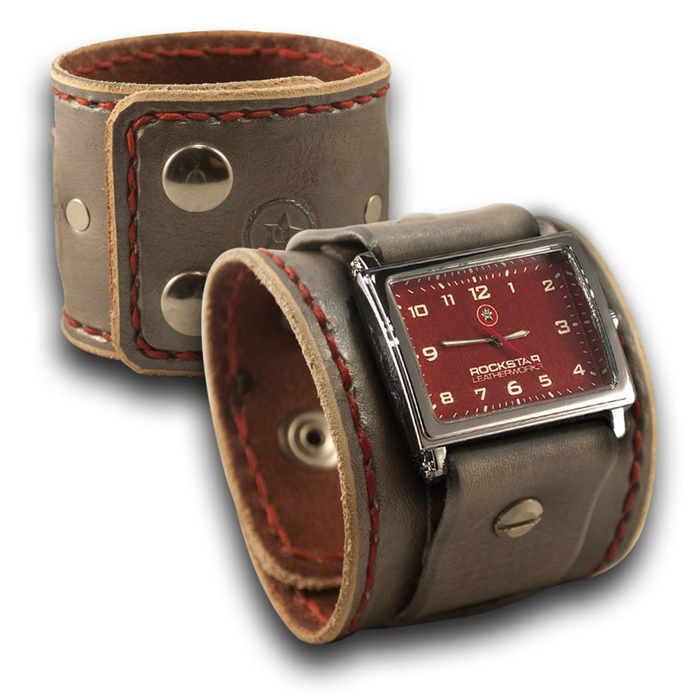 Silver &amp; Red Leather Cuff Watch with Stitching and Snaps-Leather Cuff Watches-Rockstar Leatherworks™