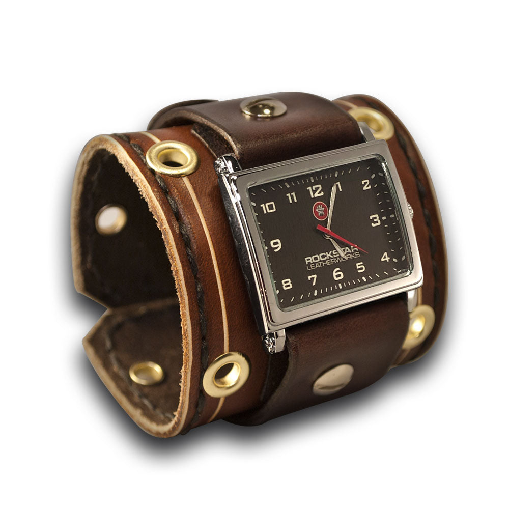 Wide Brown Leather Cuff Watch with Stitching and Eyelets-Leather Cuff Watches-Rockstar Leatherworks™