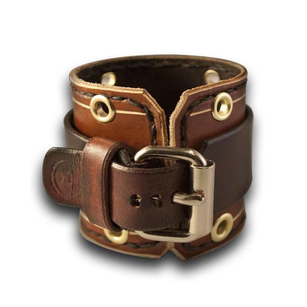 Wide Brown Leather Cuff Watch with Stitching and Eyelets-Leather Cuff Watches-Rockstar Leatherworks™