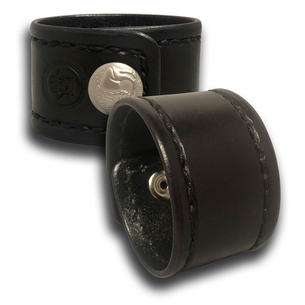 Black Leather Cuff with Black Stitching and Buffalo Snap-Leather Cuffs &amp; Wristbands-Rockstar Leatherworks™