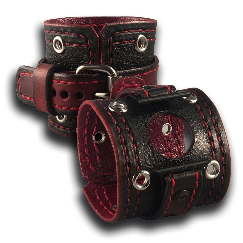 Black &amp; Red Apple Leather Cuff Band with Stainless Eyelets-Custom Handmade Leather Watch Bands-Rockstar Leatherworks™