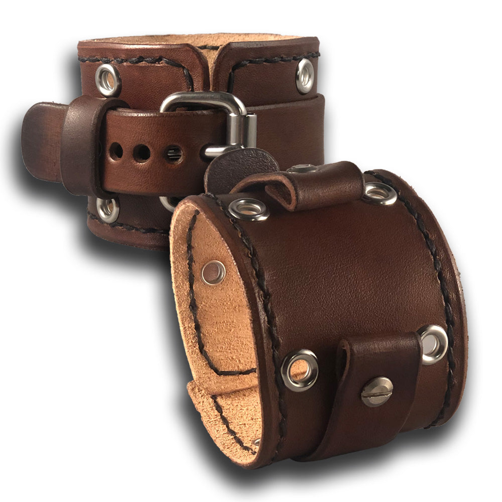 Bison Brown Leather Cuff Watch Band with Stitching &amp; Eyelets-Custom Handmade Leather Watch Bands-Rockstar Leatherworks™