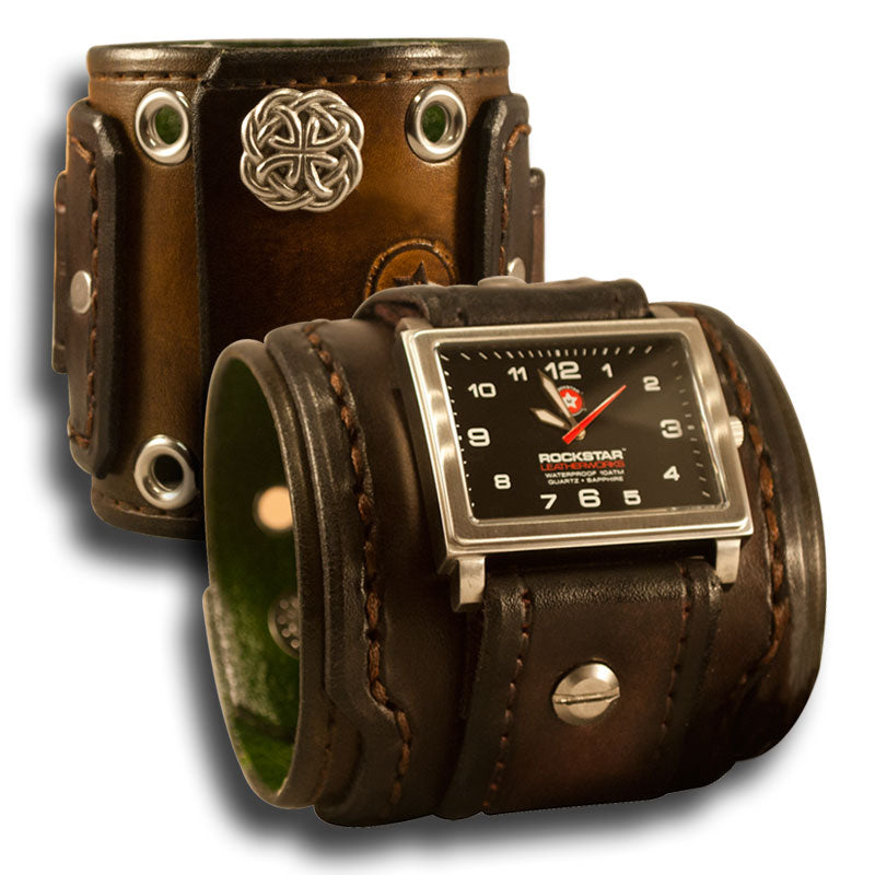 Bison Brown Stressed Layered Leather Cuff Watch - 42mm, Eyelets &amp; Snaps-Leather Cuff Watches-Rockstar Leatherworks™