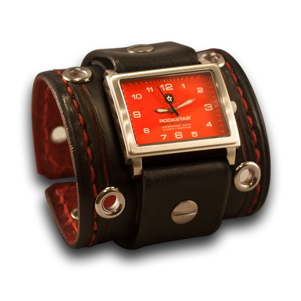 Black & Red 42mm Leather Cuff Watch with Stitching & Eyelets 