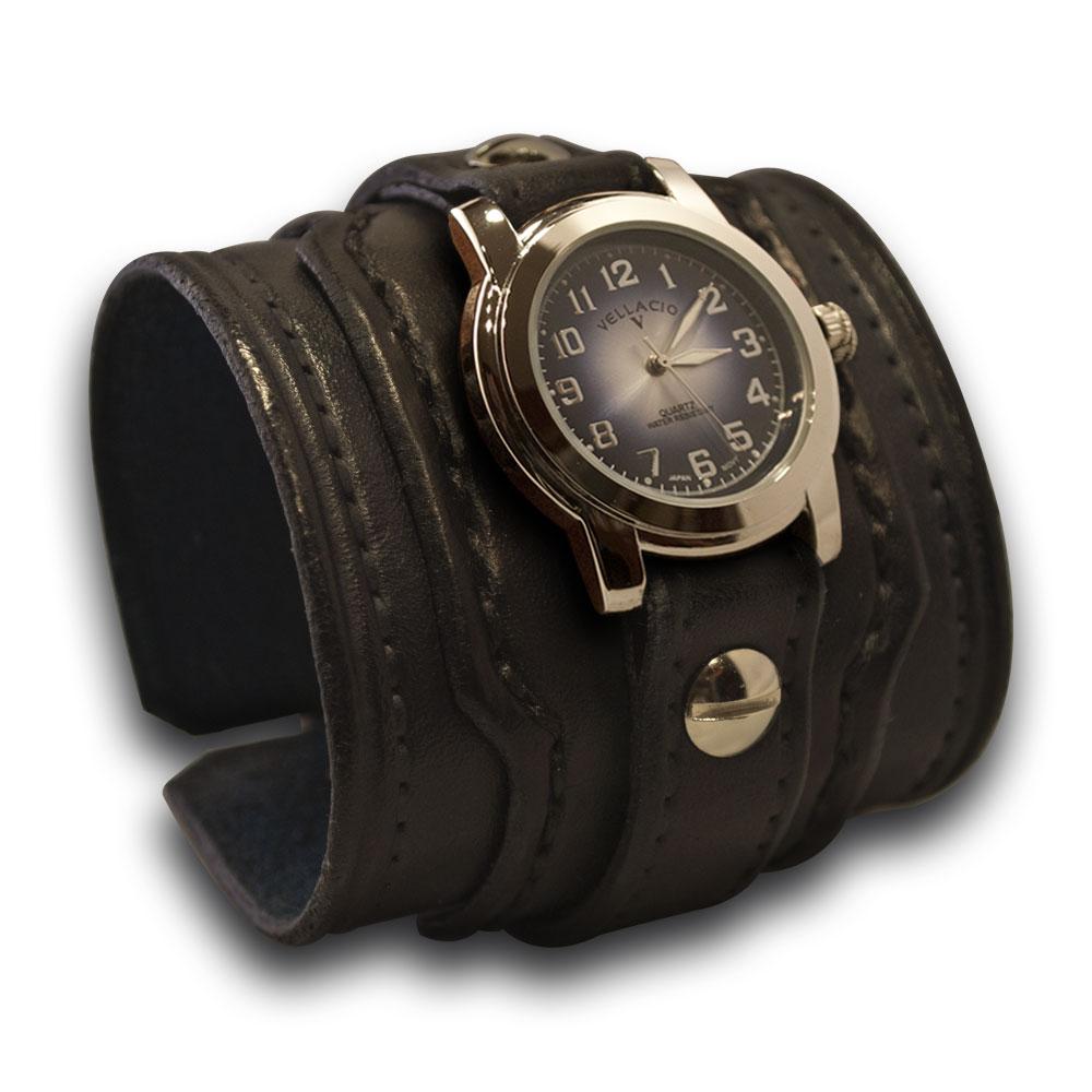 Black Layered Leather Cuff Watch with Stitching and Buckle-Leather Cuff Watches-Rockstar Leatherworks™