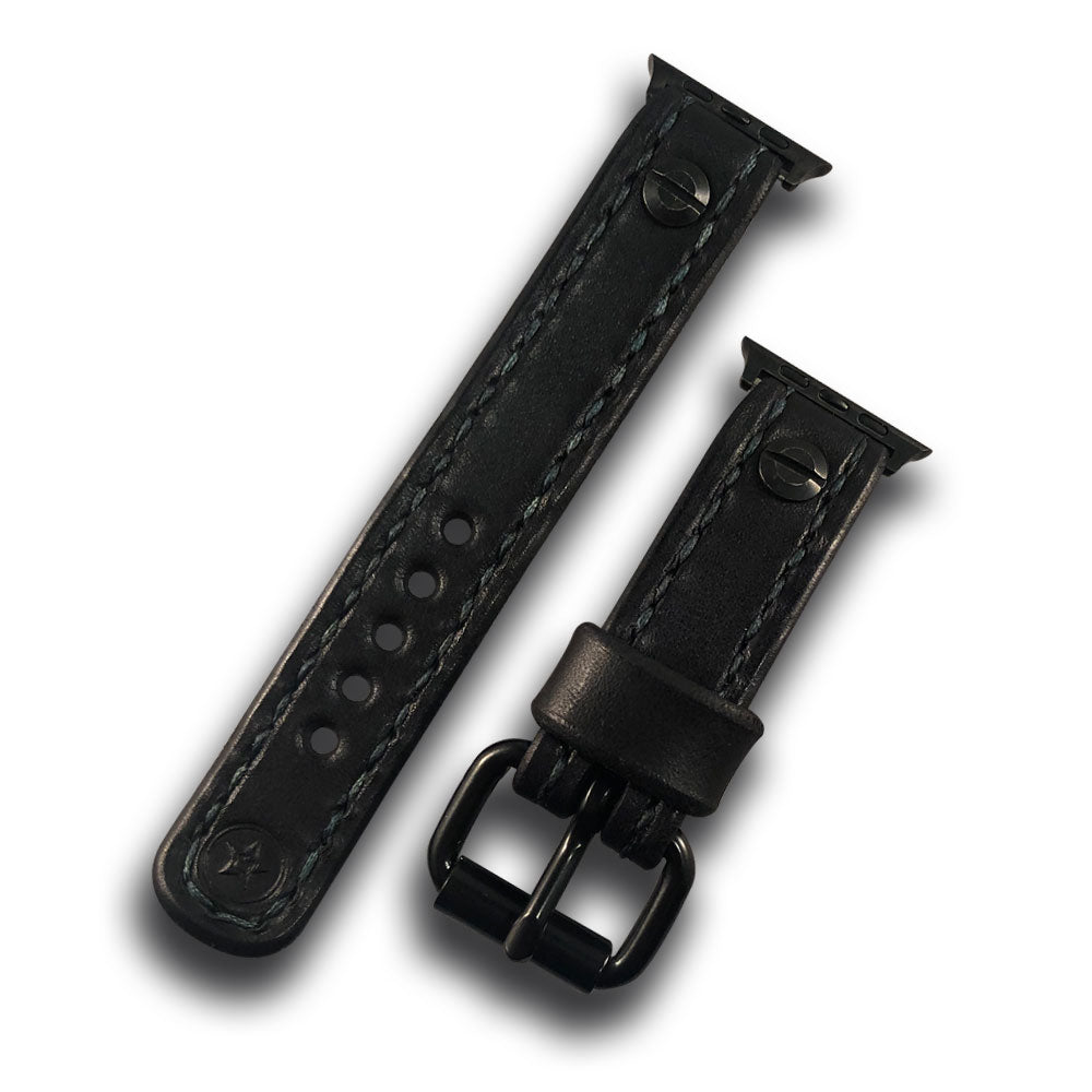 Black Leather Apple iWatch Straps with Dark Green Stitching-Custom Handmade Leather Watch Bands-Rockstar Leatherworks™