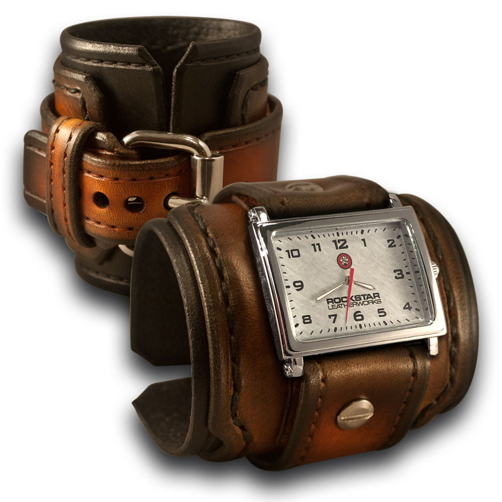 Black &amp; Tan Stressed Layered Wide Leather Cuff Watch-Leather Cuff Watches-Rockstar Leatherworks™