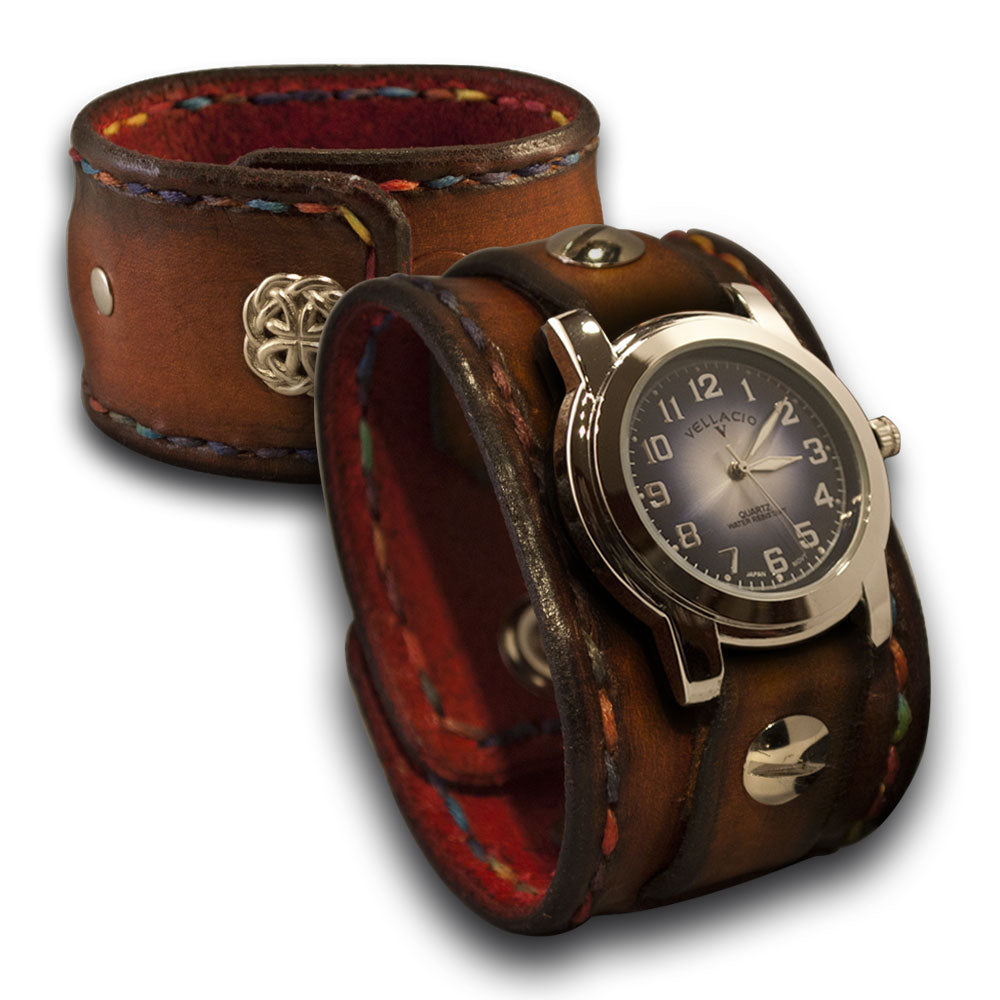 Brown Leather Cuff Watch w/ Celtic Snap &amp; Multi-Color Stitching-Leather Cuff Watches-Rockstar Leatherworks™