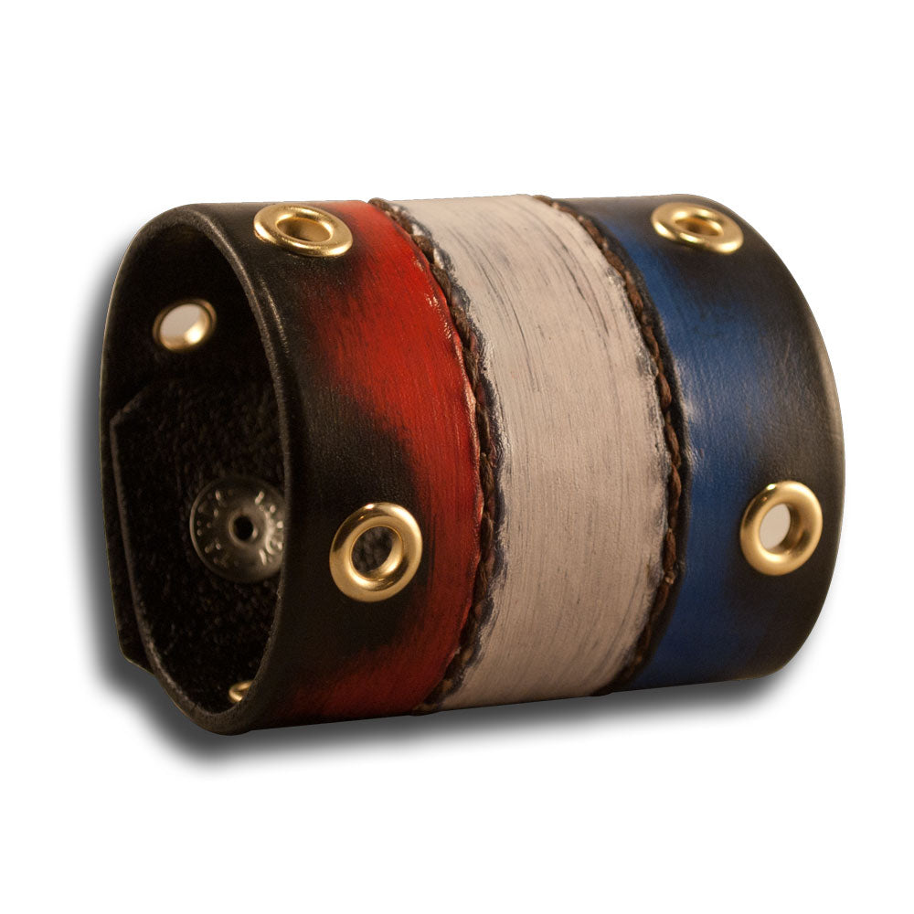 Red, White & Blue Leather Cuff with Snaps & Eyelets-Leather Cuffs & Wristbands-Rockstar Leatherworks™