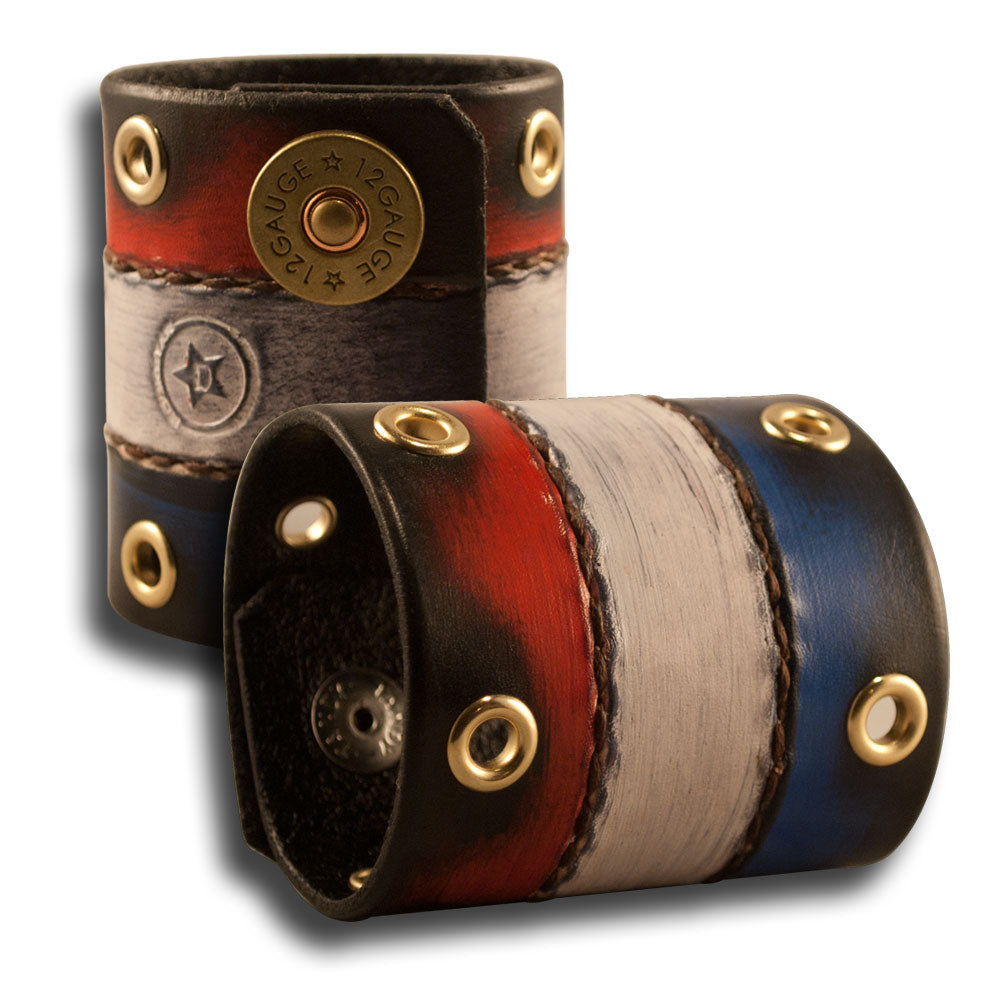 Red, White &amp; Blue Leather Cuff with Snaps &amp; Eyelets-Leather Cuffs &amp; Wristbands-Rockstar Leatherworks™