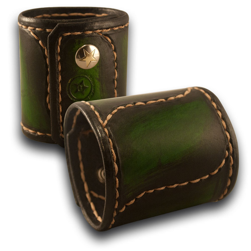 Green Stressed Leather Cuff Wristband with Stitching &amp; Snaps-Leather Cuffs &amp; Wristbands-Rockstar Leatherworks™