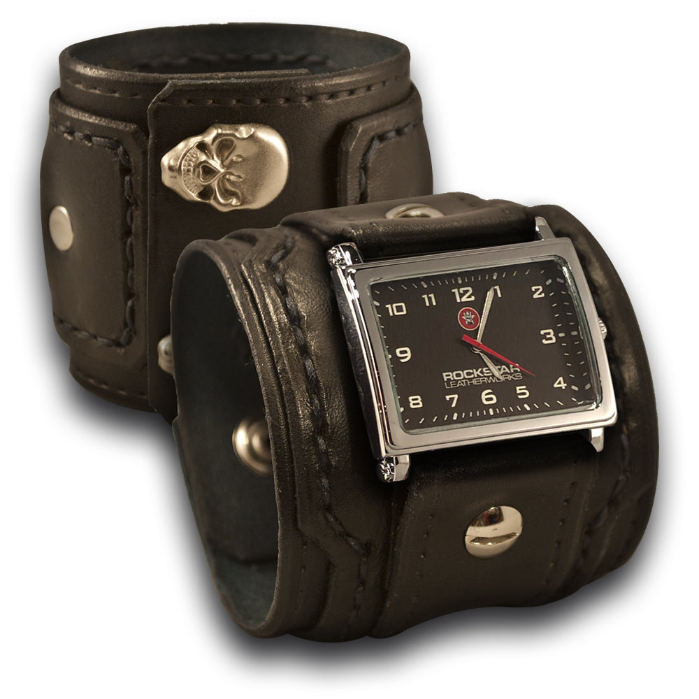 Black Layered Leather Cuff Watch with Skull Snaps - Rockstar 