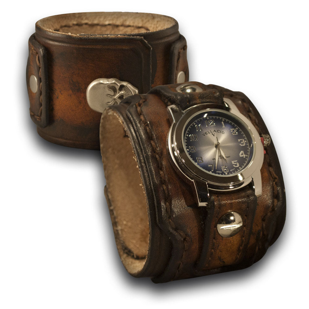 Brown Layered Leather Cuff Watch with Stitching &amp; Skull Snap-Leather Cuff Watches-Rockstar Leatherworks™