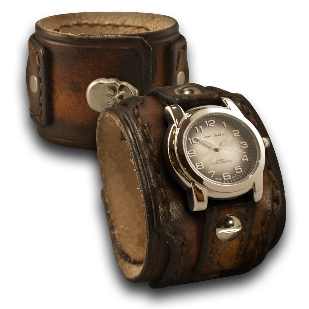 Brown Layered Leather Cuff Watch with Stitching &amp; Skull Snap-Leather Cuff Watches-Rockstar Leatherworks™