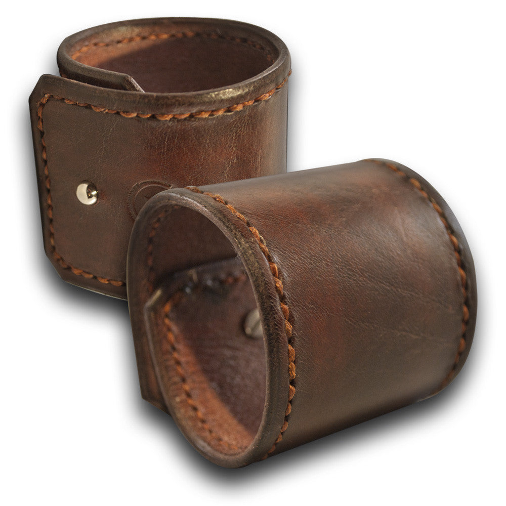 Mahogany Leather Cuff with Rust Hand Stitching &amp; Stud-Leather Cuffs &amp; Wristbands-Rockstar Leatherworks™