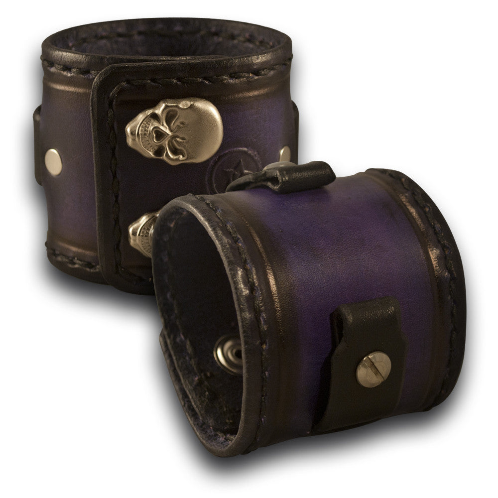 Purple &amp; Black Leather Cuff Watch Band with Stitching &amp; Snaps-Custom Handmade Leather Watch Bands-Rockstar Leatherworks™