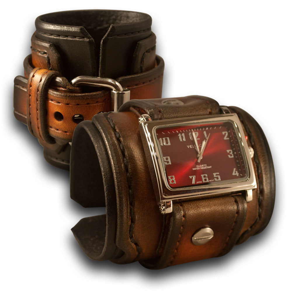 Black &amp; Tan Stressed Layered Leather Cuff Watch with Stitching-Leather Cuff Watches-Rockstar Leatherworks™