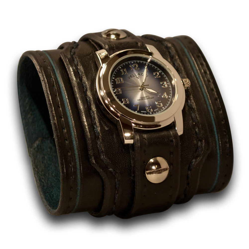 Black & Blue Layered Leather Cuff Watch Layered & Stitched Cuff-Leather Cuff Watches-Rockstar Leatherworks™