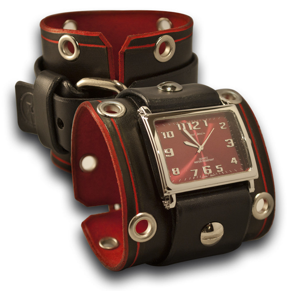 Rockstar Black &amp; Red Leather Cuff Watch with Stainless Eyelets-Leather Cuff Watches-Rockstar Leatherworks™