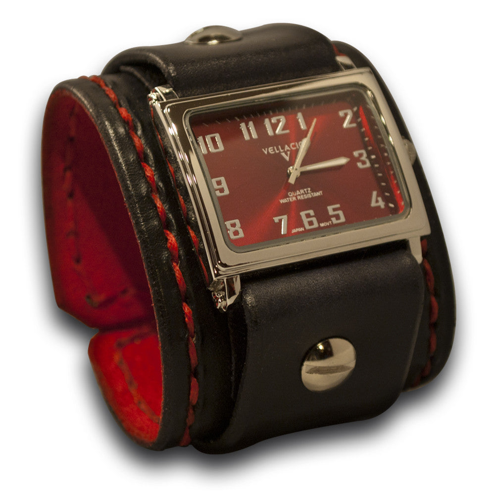 Black Rockstar Leather Cuff Watch with Red Hand Stitching-Leather Cuff Watches-Rockstar Leatherworks™