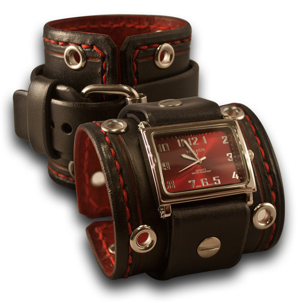 Black &amp; Red Leather Cuff Watch with Stitching, Eyelets &amp; Etching-Leather Cuff Watches-Rockstar Leatherworks™