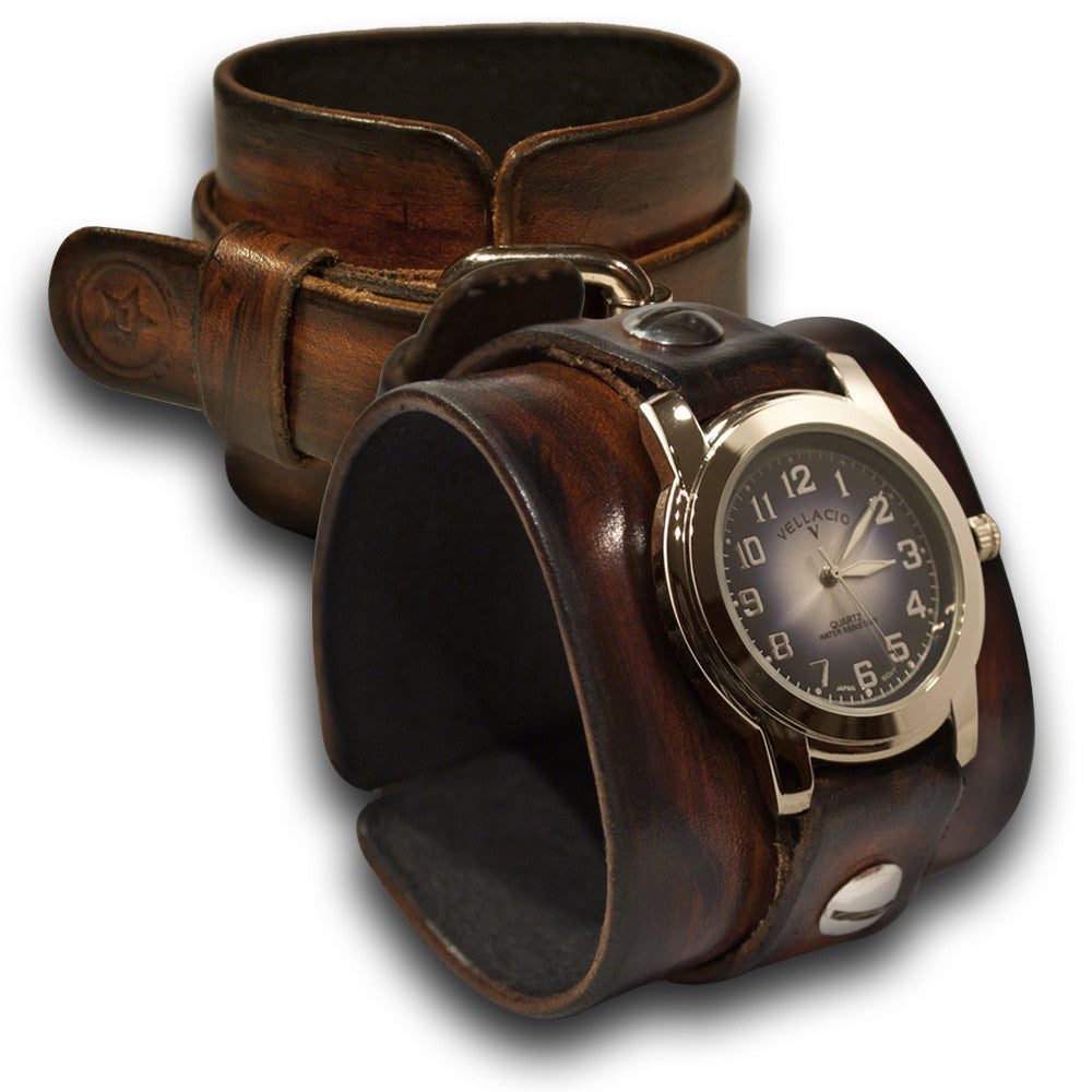 Timber Brown Stressed Leather Cuff Watch w/ Blue &amp; Silver Face-Leather Cuff Watches-Rockstar Leatherworks™