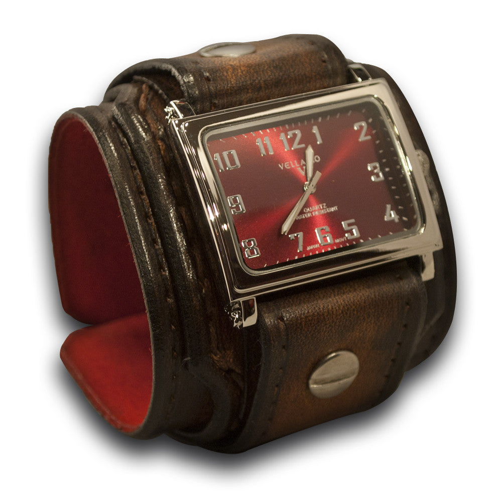 Dark Brown Stressed Layered Leather Cuff Watch with Stitching-Leather Cuff Watches-Rockstar Leatherworks™