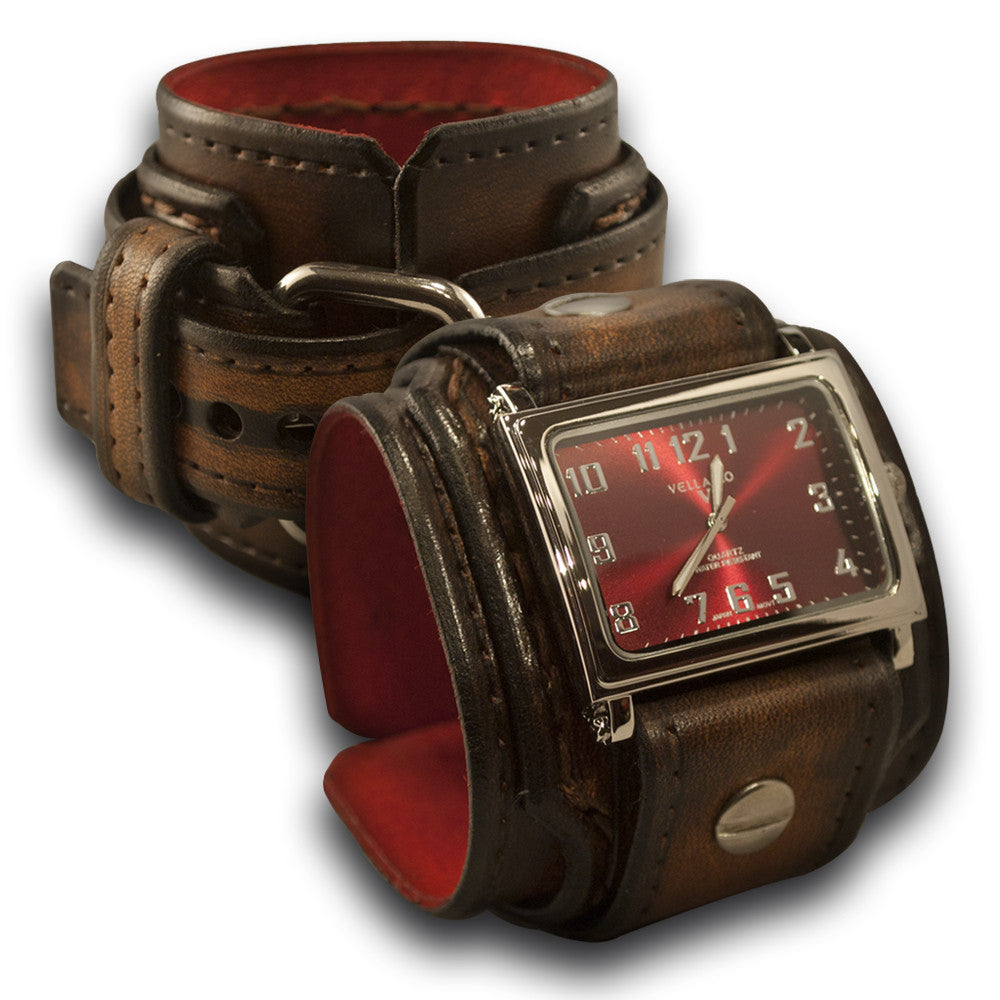 Dark Brown Stressed Layered Leather Cuff Watch with Stitching-Leather Cuff Watches-Rockstar Leatherworks™