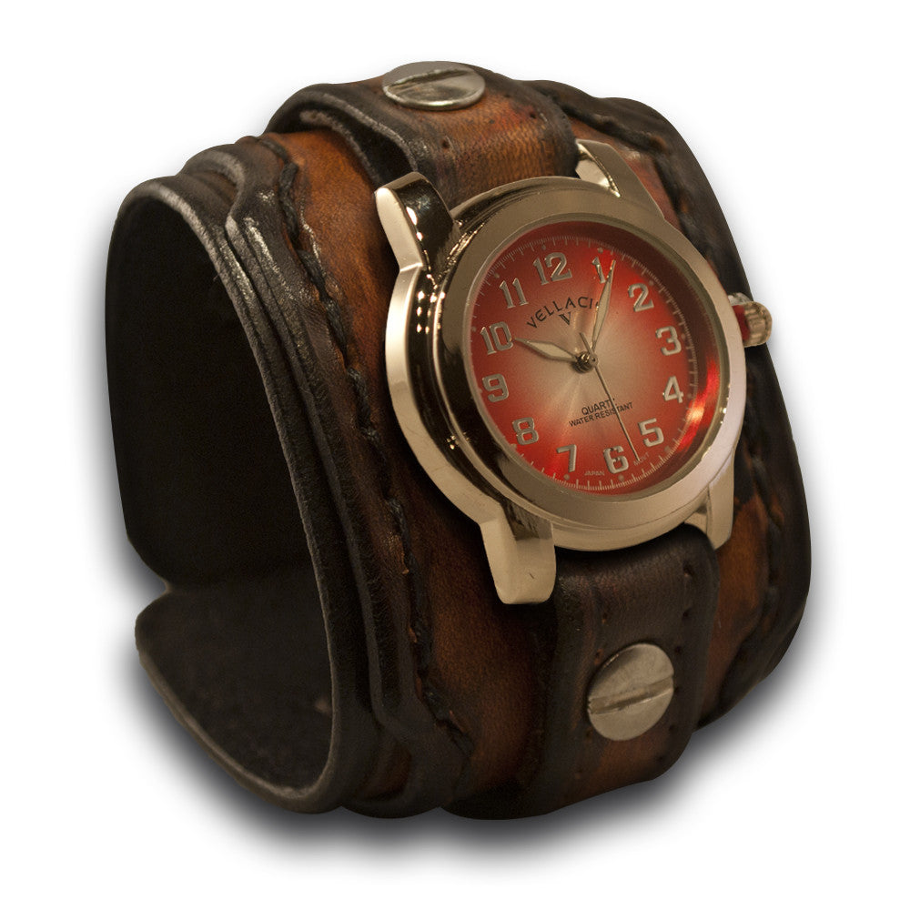 Brown Layered Leather Cuff Watch with Hand Stitched Cuff-Leather Cuff Watches-Rockstar Leatherworks™