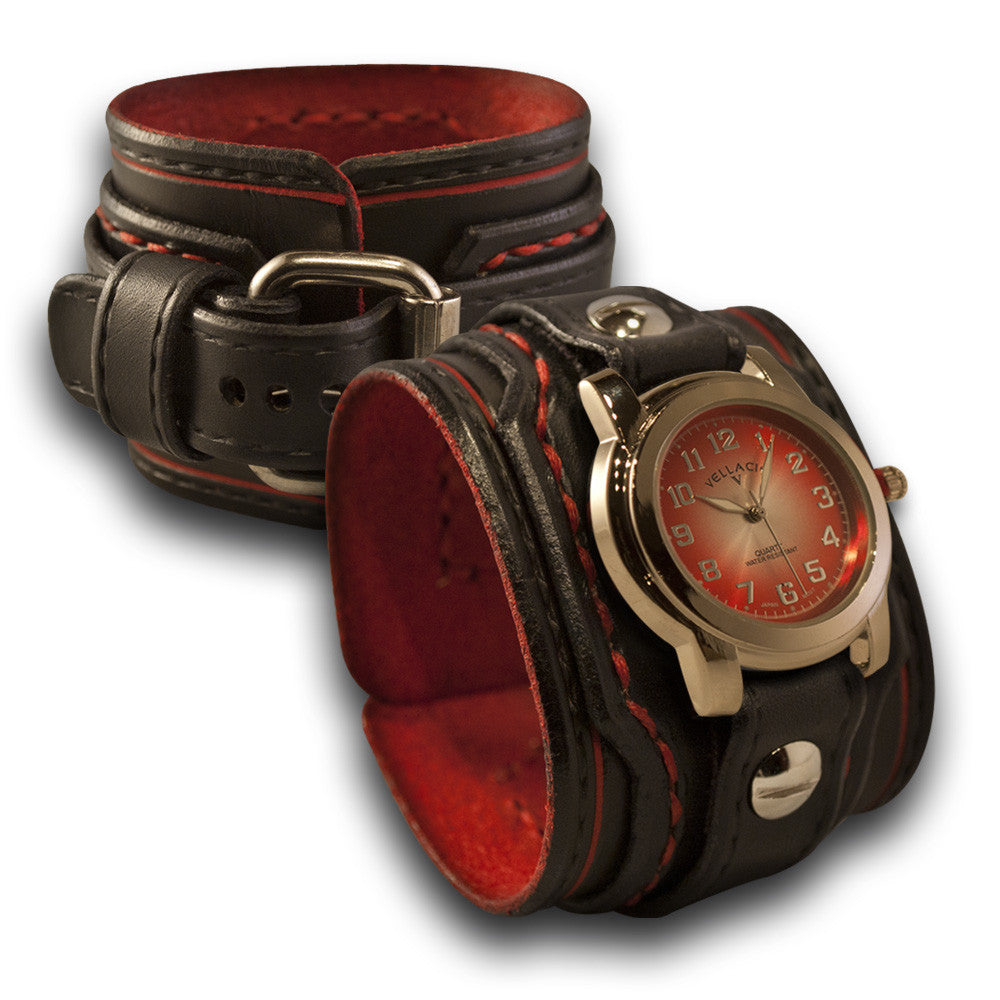 Black &amp; Red Layered Leather Cuff Watch with Red Stitching-Leather Cuff Watches-Rockstar Leatherworks™