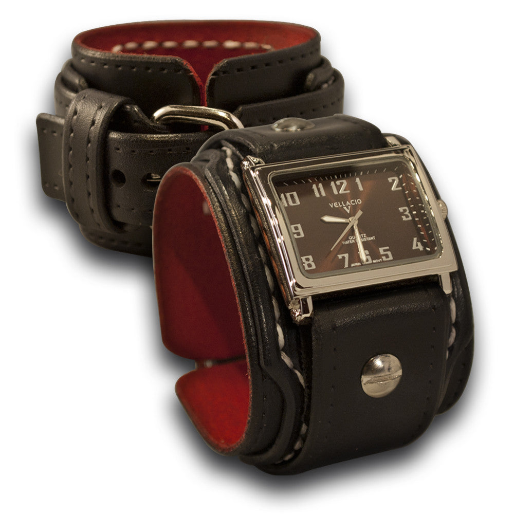 Black Layered Leather Cuff Watch with Stitching &amp; Buckle-Leather Cuff Watches-Rockstar Leatherworks™