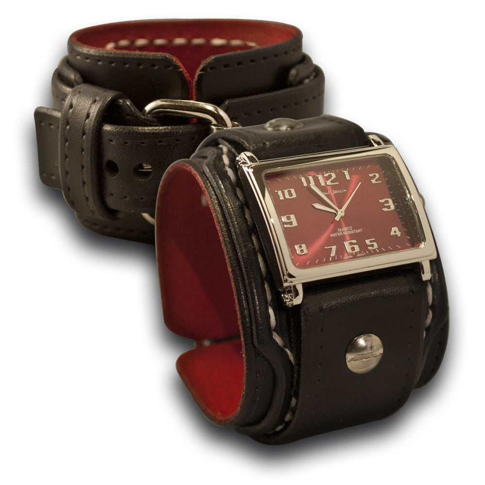 Rockstar Layered Leather Cuff Watch with Stitching &amp; Buckle-Leather Cuff Watches-Rockstar Leatherworks™