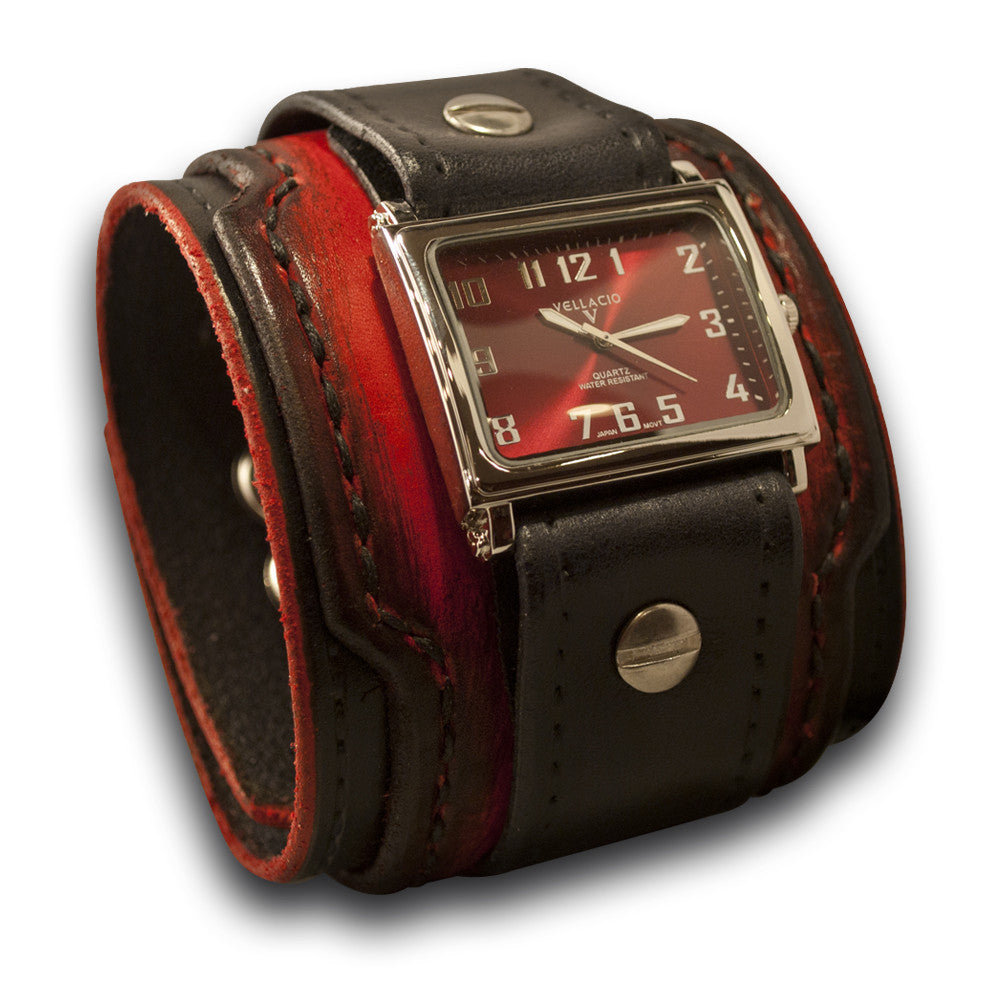 Black & Scarlet Layered Leather Cuff Watch with Snaps-Leather Cuff Watches-Rockstar Leatherworks™