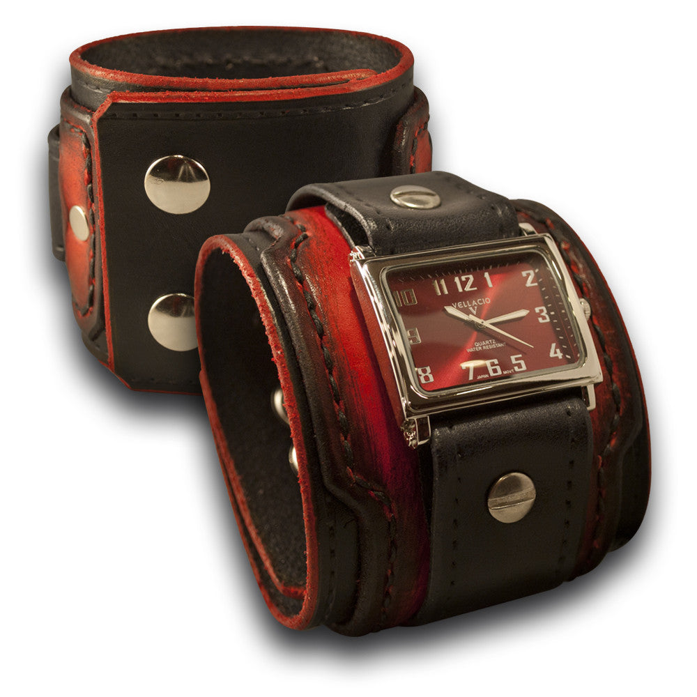 Black &amp; Scarlet Layered Leather Cuff Watch with Snaps-Leather Cuff Watches-Rockstar Leatherworks™